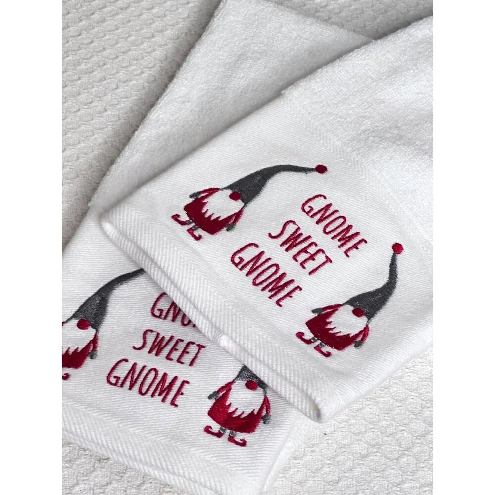 Two Charmont Collection Gnome Sweet Gnome Hand Towels White Red Designs Holiday